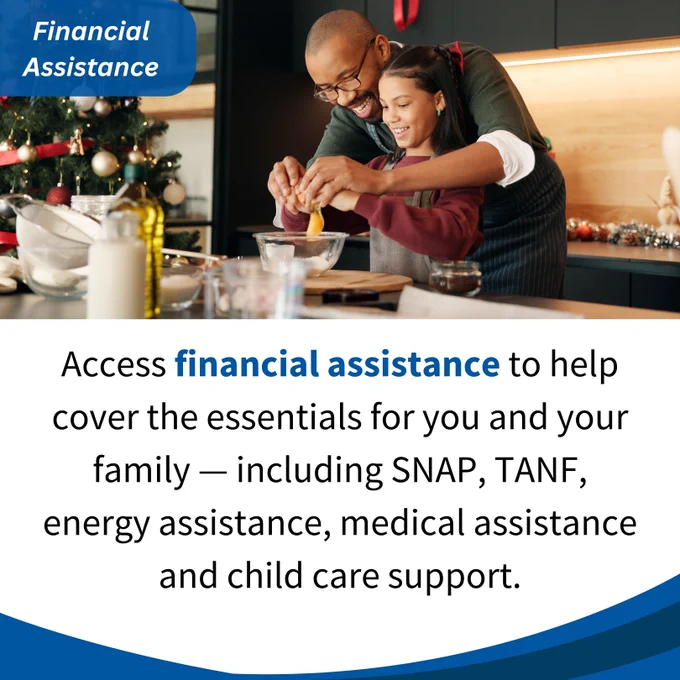 A father and his daughter cooking together in a kitchen decorated for Christmas, with text about financial assistance programs including SNAP, TANF, and child care support.