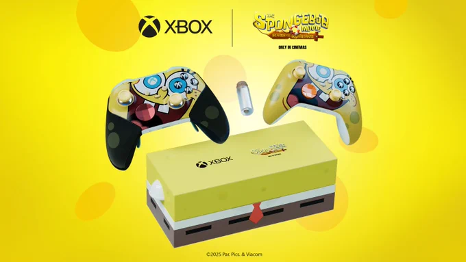Promotional graphic with a SpongeBob-themed box and two limited edition SpongeBob controllers on a yellow background, featuring SpongeBob’s face and signature colors. Logos for Xbox and The SpongeBob Movie: Search for SquarePants are at the top.