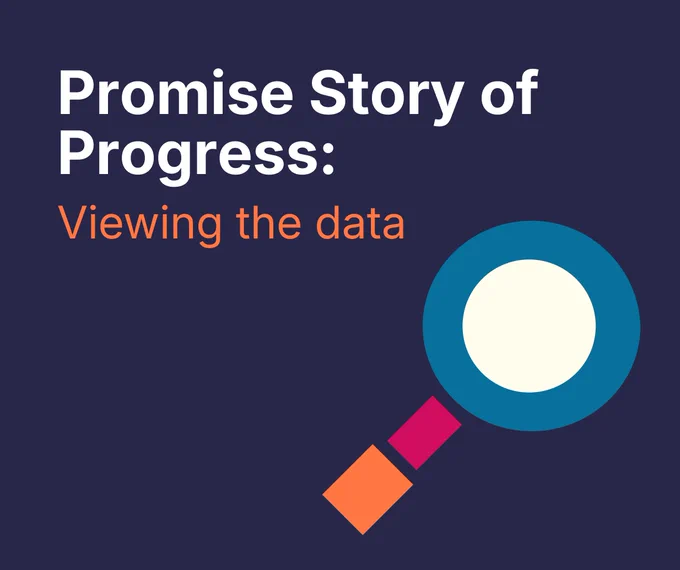  'Promise Story of Progress: Viewing the data' alongside a stylised magnifying glass on a dark blue background.