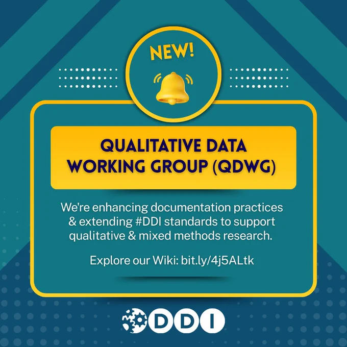 Graphic announcing the new "Qualitative Data Working Group (QDWG)". The top features a yellow bell icon with the text "NEW!" above it. Below, a yellow box displays the group’s name in bold, dark blue letters. Text is repeated from the post. The white DDI logo is at the bottom against a dark blue, dotted background. The graphic uses teal, yellow, and blue colors with geometric shapes.