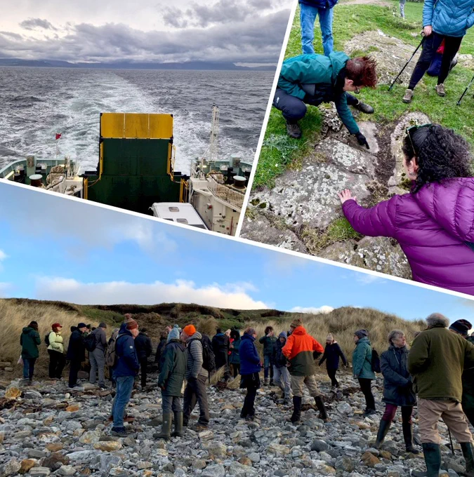 Top left: Ferry to Arran for SWSARF Symposium © Rathmell Archaeology Limited; top right: Fieldtrip to High Banks Farm during the Kirkcudbright Rock Art workshop © ScARF; bottom: Participants of the Outer Hebrides SIRFA Symposium © ScARF