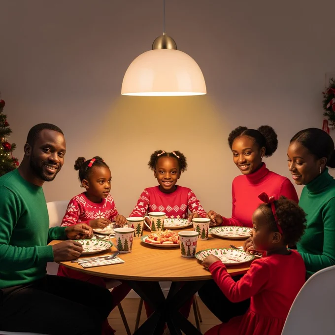 An African family of five seated around a small dining table with holiday plates and cups. Father and mother at each end, kids in the middle. Kids wear red and white outfits. The parents wear green tops. Soft warm lighting above the table.
