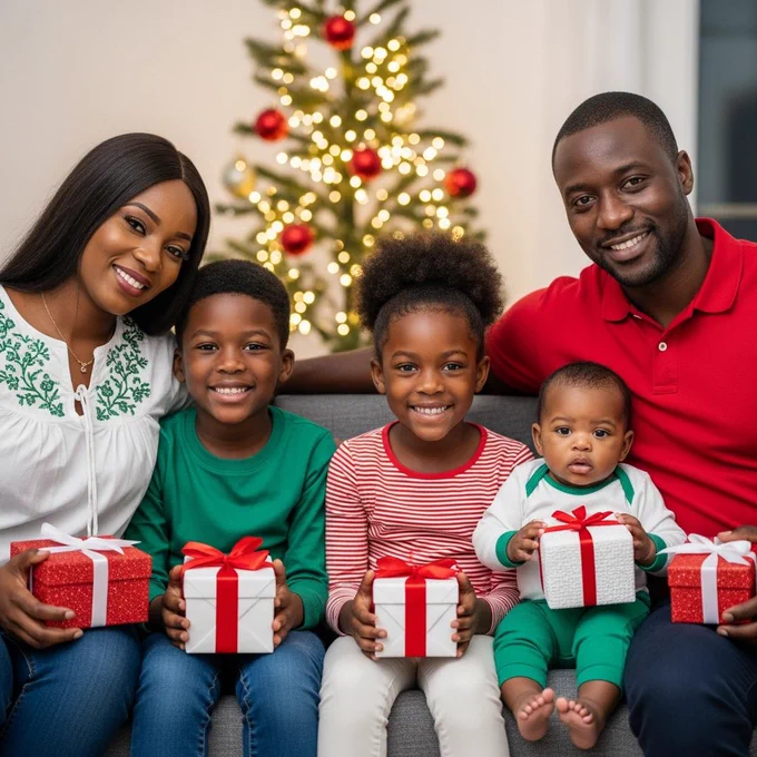 An African family of five sitting on a couch with the tree behind them. Parents on both sides, three kids in the middle. Outfits mix red, white, and green. They hold small gifts and lean toward each other. Soft warm indoor lighting.