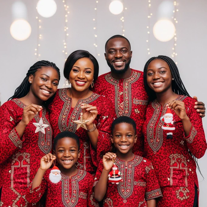 An African family of six wearing matching red Ankara tops. They stand together in front of a simple backdrop with hanging holiday lights. Medium wide shot. All smiling and holding small ornaments.