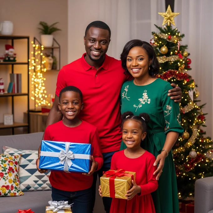 An African family of four. Father in a red shirt, mother in a green dress, two kids in matching red tops. They stand close to a decorated tree in a bright living room. Warm lights. All smiling while holding wrapped gifts.