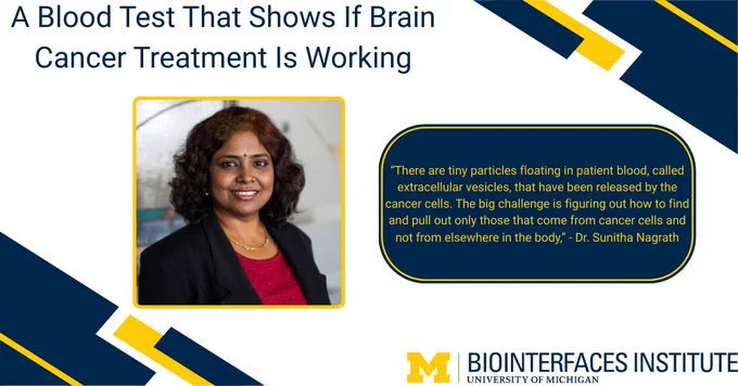 ALT Text:

Photo - Dr. Sunitha Nagrath

Words - A Blood Test That Shows If Brain Cancer Treatment Is Working, “There are tiny particles floating in patient blood, called extracellular vesicles, that have been released by the cancer cells. The big challenge is figuring out how to find and pull out only those that come from cancer cells and not from elsewhere in the body,” - Dr. Sunitha Nagrath