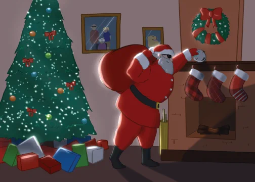 Santa is adding a ScripTalk Station Reader to a stocking hung by the chimney. Behind him is a decorated tree with lots of presents underneath. 