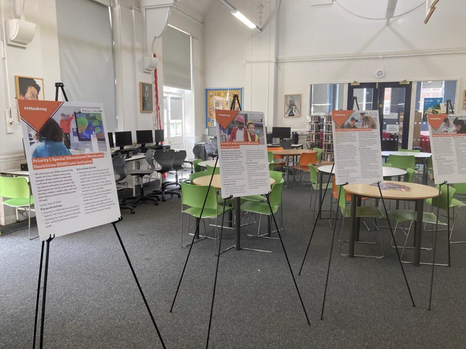 Four displays summarising the first four priorities of the new Education Strategic Plan as presented during a consultation event in 2025 in one of the Hackney schools- libraries