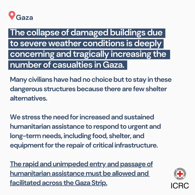 Severe weather conditions are causing damaged buildings in Gaza to collapse leading to further tragic losses of life.    It is imperative that more humanitarian assistance, including durable shelter items are brought in.