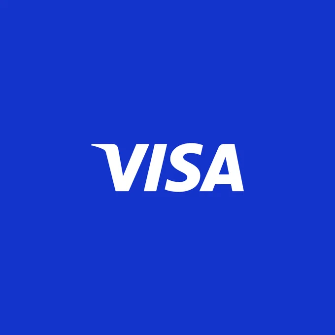 White VISA logo centered on a solid blue background representing the global payment technology company.
