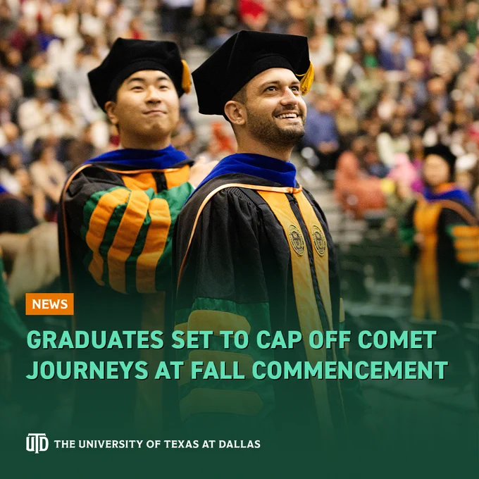Archive photo of graduating UT Dallas students during a commencement ceremony, with the headline "Graduates Set To Cap Off Comet Journeys at Fall Commencement"