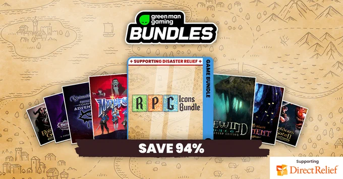 Promotional image for Greenman Gaming Bundles, featuring an array of game covers. A banner across the bottom announces a 94% savings, and a note indicates support for Direct Relief. The background includes stylised, faded map illustrations.