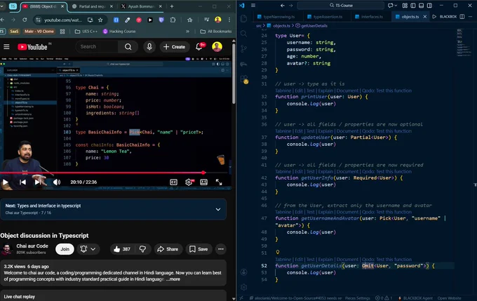 Screenshot of the lecture along with my code
