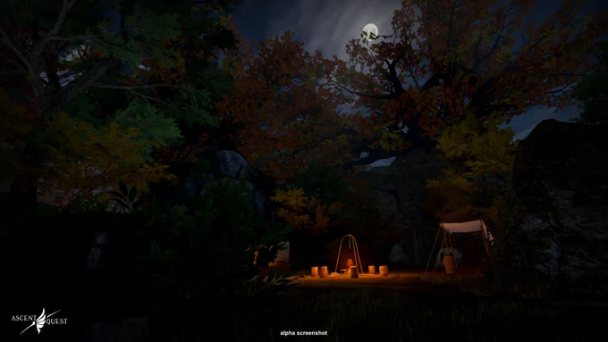 This is a screenshot from the game Ascent quest, a MMORPG in VR
on the image there is a camp in the night, the lighting comes from a fire campand  the moon lights