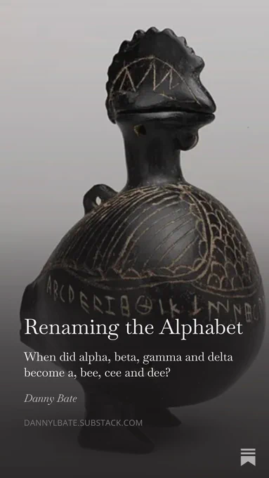 An image for a post entitled "Renaming the Alphabet", over an image of a black Etruscans vessel shaped like a cockerel