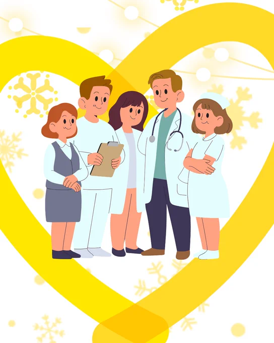 Group of healthcare professionals standing together inside a large yellow heart shape with snowflake decorations.