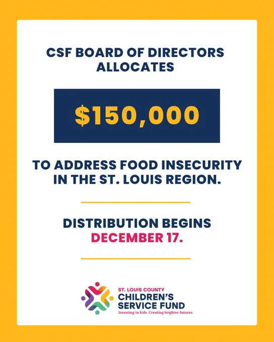 Blue text on a white background says "CSF Board of Directors Allocated $150,000 to address food insecurity in the St. Louis Region. Distribution begins December 17." There is a yellow border around the entire image. 