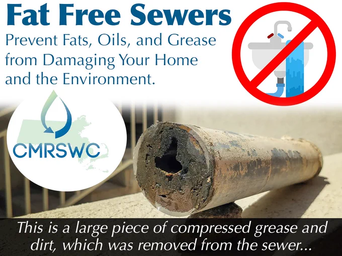 A pipe removed from a sewer system clogged with hardened grease and dirt. A graphic reads “Fat Free Sewers” and warns against pouring fats, oils, and grease down household drains, with a no-drain symbol and the CMRSWC logo.