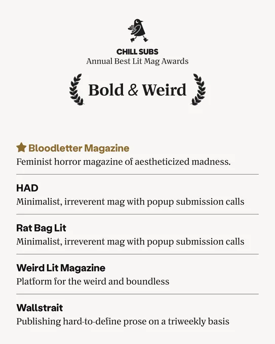 CHILL SUBS
Annual Best Lit Mag Awards
Bold & Weird

* Bloodletter Magazine
Feminist horror magazine of aestheticized madness.

HAD
Minimalist, irreverent mag with popup submission calls

Rat Bag Lit
Minimalist, irreverent mag with popup submission calls

Weird Lit Magazine
Platform for the weird and boundless

Wallstrait
Publishing hard-to-define prose on a triweekly basis