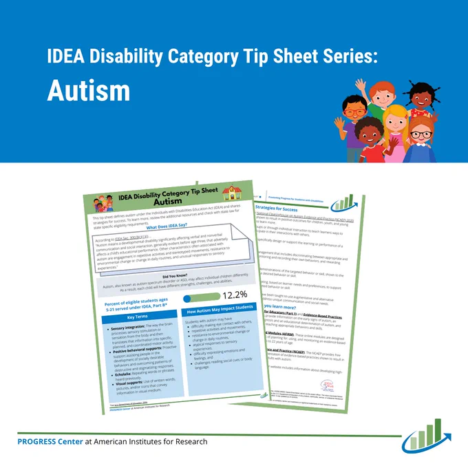 Graphic titled "IDEA Disability Category Tip Sheet Series: Autism" that features screenshots of the tip sheet's pages. The PROGRESS Center logo is in the bottom right corner.