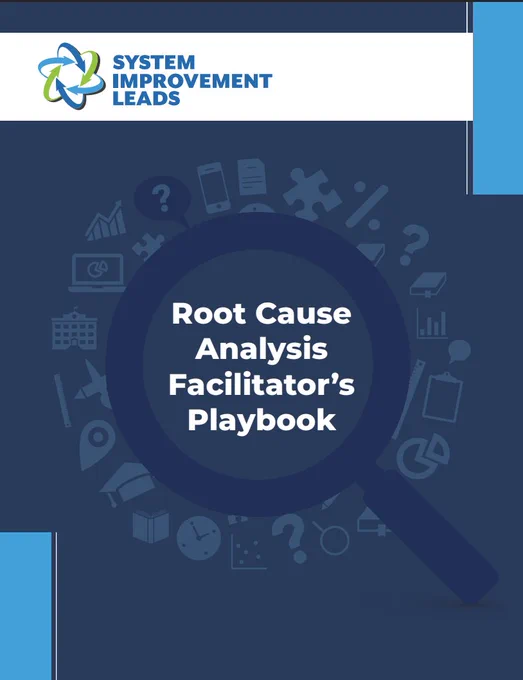 Cover image for the System Improvement Leads “Root Cause Analysis Facilitator’s Playbook.” A dark blue background features a large magnifying glass encircling the title text. Subtle icons representing data, charts, questions, documents, and tools appear in the background, suggesting analysis and problem solving.