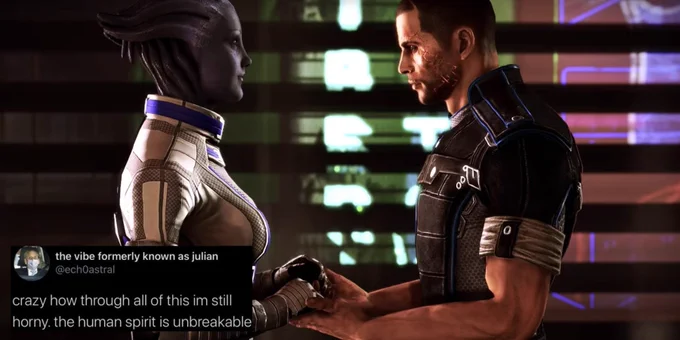 An image of Shepard and Liara holding hands in the Commander's apartment on the Citadel. The text reads 'crazy how through all of this I'm still horny. The human spirit is unbreakable'.