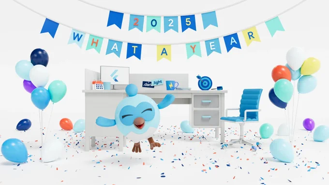 A jubilant, round blue bird mascot, with eyes closed in joy and wings outstretched, jumps amidst a festive office scene. Above, a colorful banner reads "WHAT A YEAR 2025". A light gray desk features a monitor displaying the Flutter logo, a calendar icon, a dartboard with a dart, and a ".dark .light" switch, with a blue office chair nearby. The floor is covered in colorful confetti and surrounded by various blue, white, purple, orange, and yellow balloons.