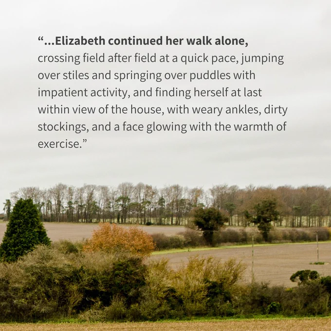 Quote over an autumnal countryside background reads: “Elizabeth continued her walk alone, 
crossing field after field at a quick pace, jumping over stiles and springing over puddles with impatient activity, and finding herself at last within view of the house, with weary ankles, dirty stockings, and a face glowing with the warmth of exercise