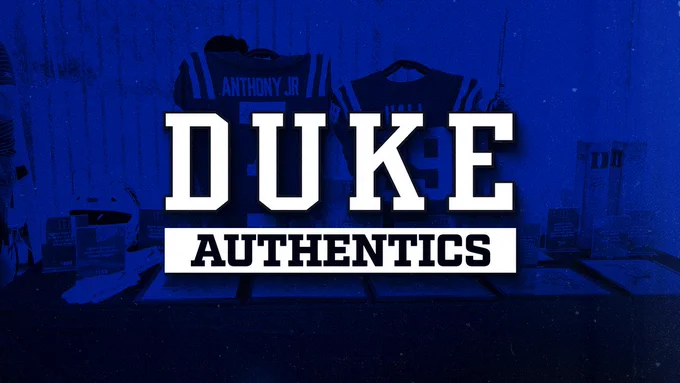 Graphic with text reading "Duke Authentics" and a background image of the Duke authentic store table.