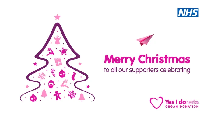 Stylized Christmas tree made of festive icons with NHS logo and a message wishing supporters a Merry Christmas.