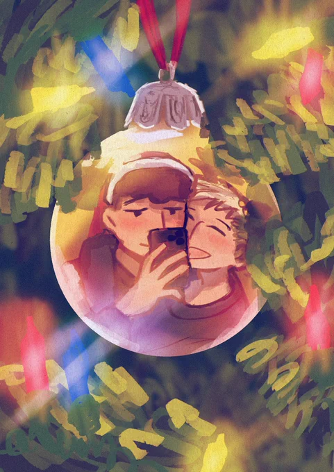 illustration of dan and phil taking a selfie in a bauble on a christmas tree. colorful lights shine around them. phil’s arm is over dan’s shoulder, who is taking the photo on his phone. dan has a santa hat and phil has reindeer antlers.