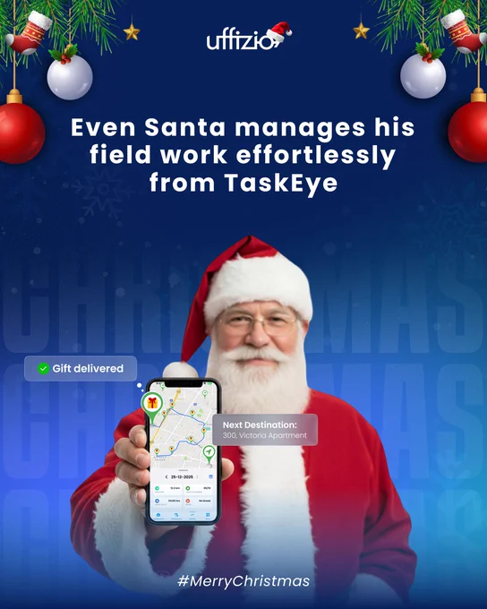 Festive Christmas-themed promotional graphic showing Santa Claus holding a smartphone displaying the TaskEye field workforce management app with real-time GPS tracking, live task updates, route optimization, and location pins on a city map. The design highlights how TaskEye helps businesses efficiently manage field employees, track work progress, monitor deliveries, and optimize operations across industries such as logistics, delivery services, field service, utilities, sales teams, and on-ground workforce management, conveying smart productivity and operational efficiency during the holiday season.