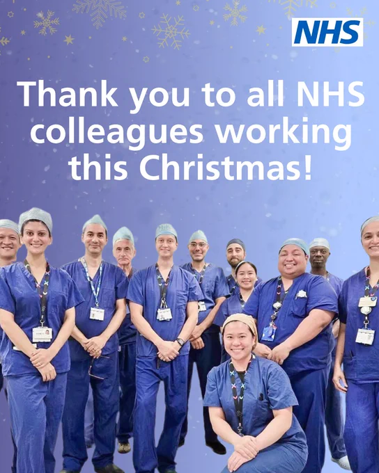 A group of NHS colleagues in blue surgical scrubs stand and smile together. Festive decorations add a seasonal touch. Text on the image reads: “Thank you to all NHS colleagues working this Christmas!” The NHS logo appears at the top of the image.