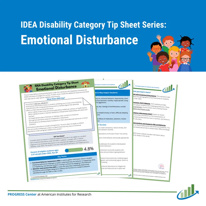 Graphic titled "IDEA Disability Category Tip Sheet Series: Emotional Disturbance" that features screenshots of the tip sheet's pages. The PROGRESS Center logo is in the bottom right corner.