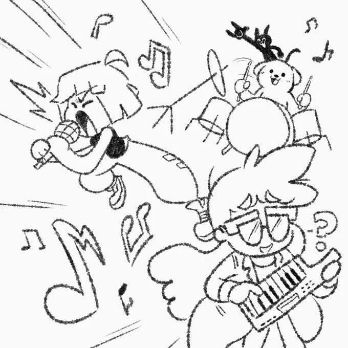 Beat from UNBEATABLE sings, Doctor Paige from Rhythm Doctor struggles on keytar, and Bit and Bop play drums in a crossover band doodle.
