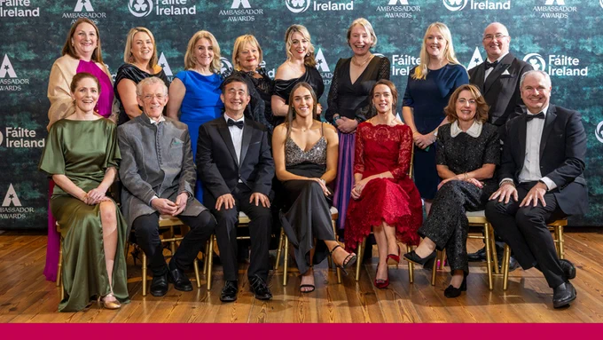 A group photograph including staff from University of Galway who were honoured at Ireland's conference ambassador awards. Professor Chaosheng Zhang is pictured seated third from left. 