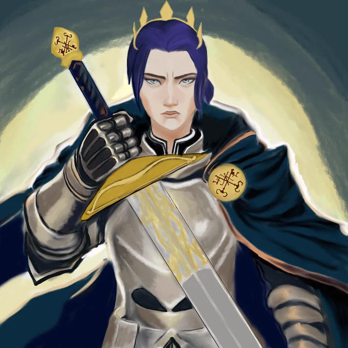 Caitlyn Kiramman wearing a knight’s armor, a cape, and a crown, holding up a long sword