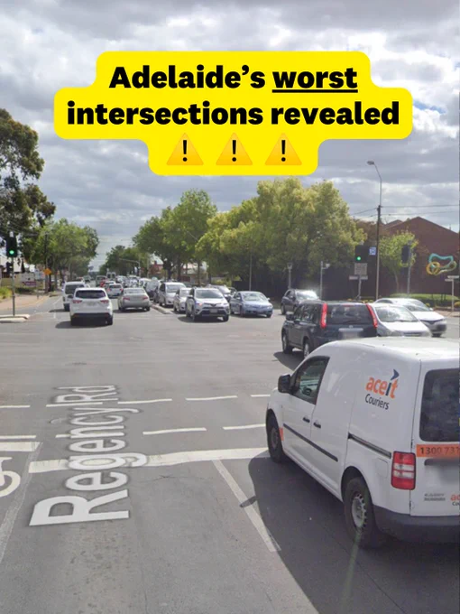  Picture of the Main North Road and Regency Road intersection. Black text in yellow box reads: ‘Adelaide’s worst intersections revealed.’ 