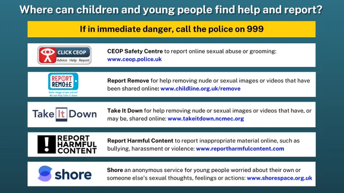 Information panel listing resources for children and young people to report online abuse, including CEOP, Report Remove, Take It Down, Report Harmful Content, and Shore.