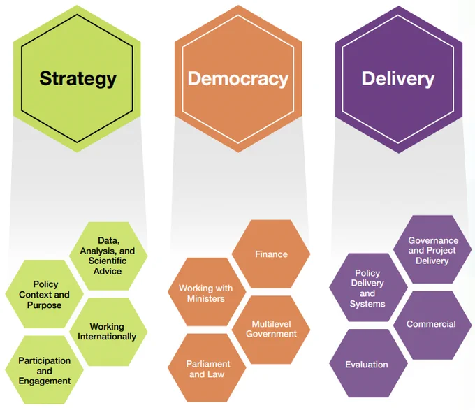 Three vertical columns labeled Strategy, Democracy, and Delivery, each with related hexagons detailing key focus areas like policy, finance, and governance.