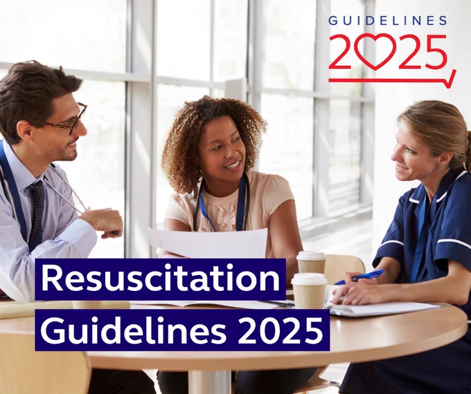 Three healthcare professionals are engaged in a discussion around a table with documents. The image features the text "Resuscitation Guidelines 2025".