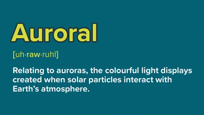 Auroral:  Relating to auroras, colorful light displays created by solar particles interacting with Earth's atmosphere.
