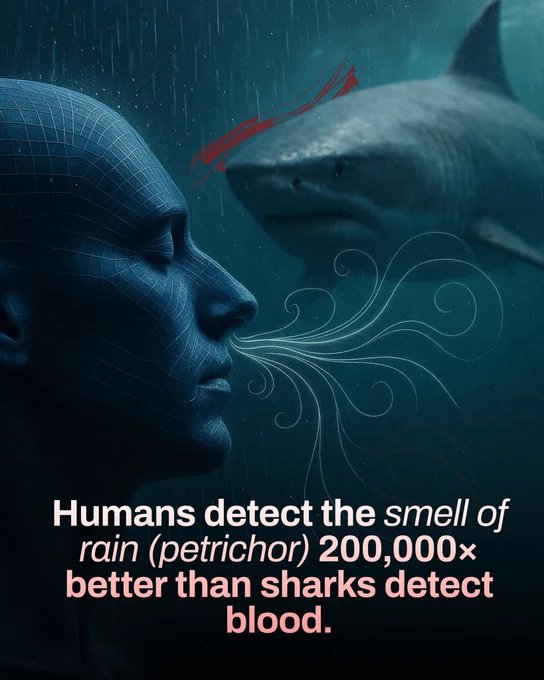 Humans are extraordinarily sensitive to the smell of rain, known as petrichor, primarily due to the compound geosmin. 
We can detect geosmin at parts-per-trillion levels, whereas sharks typically detect blood in water at parts-per-million or parts-per-billion concentrations. 
This means humans are roughly 200,000 times more sensitive to the scent of rain than sharks are to blood. 
Such heightened sensitivity likely evolved because smelling rain helped early humans locate fresh water and fertile environments. 
What seems like a pleasant aroma today was once a crucial survival signal.