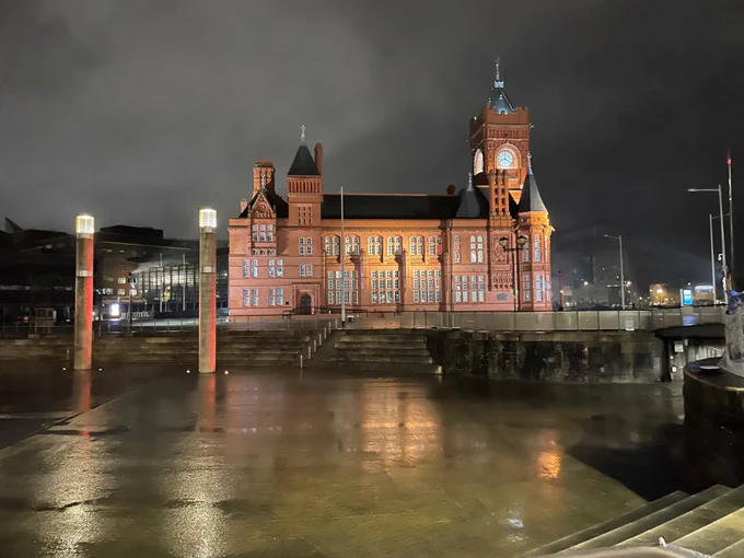 Cardiff Bay Pierhead Building at night. 