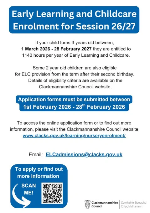 Early Learning and Childcare Enrolment flyer for session 2026/27 opens 1 February 2026 to 28 February 2026