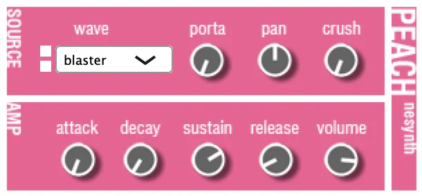 PEACH "nesynth" UI, with source and amp sections, wave set to blaster, envelope controls, porta, pan, crush.