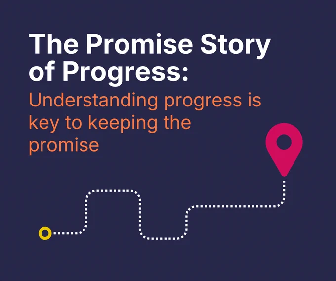 Text highlighting the importance of understanding progress to keeping the promise, with a dotted path leading to a location pin on a dark blue background.