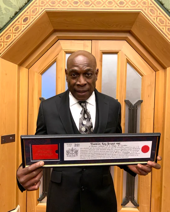 Former professional heavyweight boxer, Frank Bruno,  pictured at Guildhall shortly after receiving the Freedom of the City of London, in recognition of his sporting achievements and campaigning and charity work to raise awareness of, and help destigmatise, men’s mental health issues.