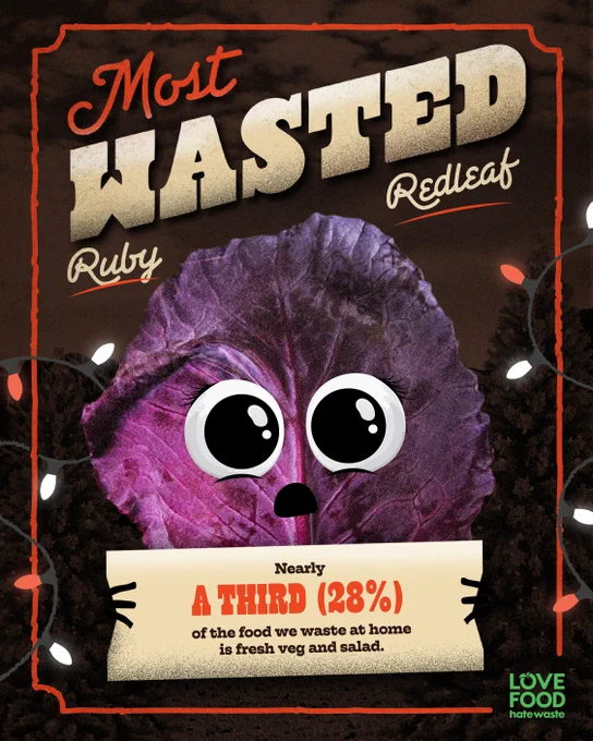 Most wasted. Ruby Redleaf. A shocked red cabbage holds a sign reading "Nearly a third (28% of the food we waste at home is fresh veg and salad." Love food hate waste. 