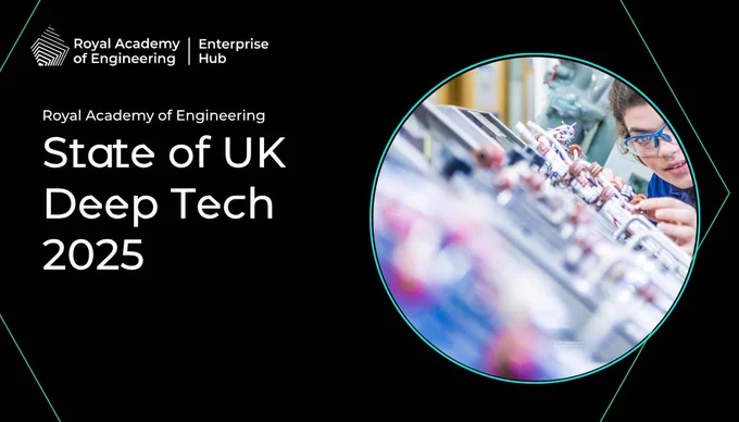 Royal Academy of Engineering State of UK Deep Tech 2025
featuring an image in a circle of a young adult looking at a complex board/ piece of machinery, wearing goggles.